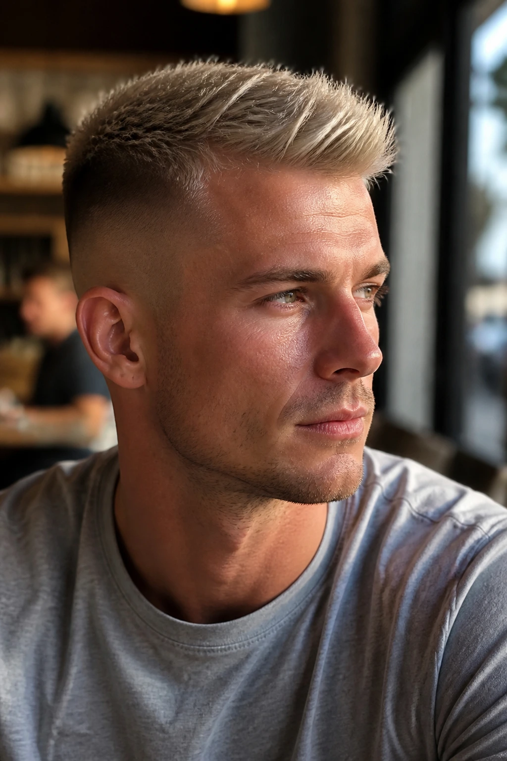Close-up portrait of a man with a blonde fade showing top-to-sides contrast.