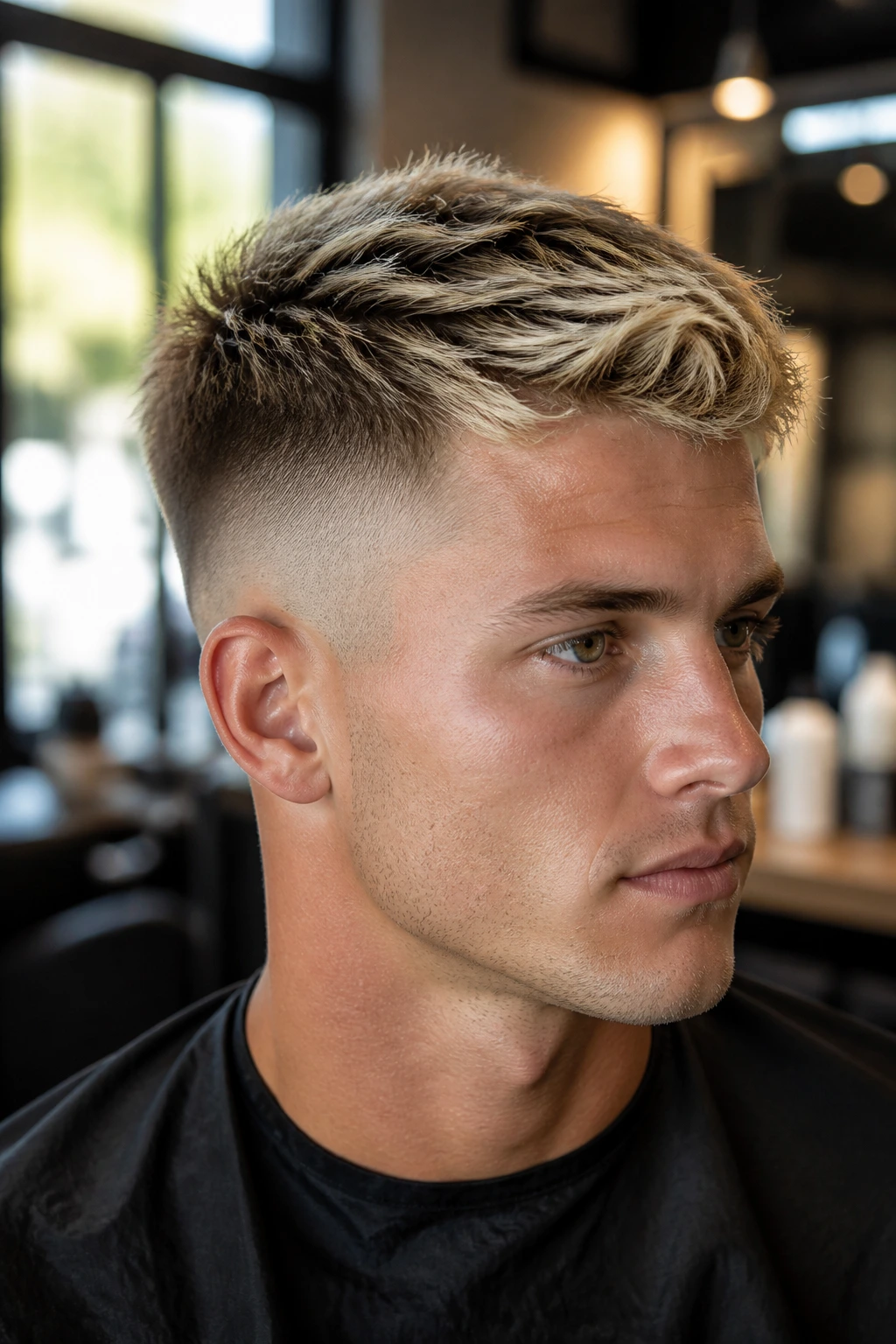 Portrait of a real person with multi-tone blonde fade variations in a salon