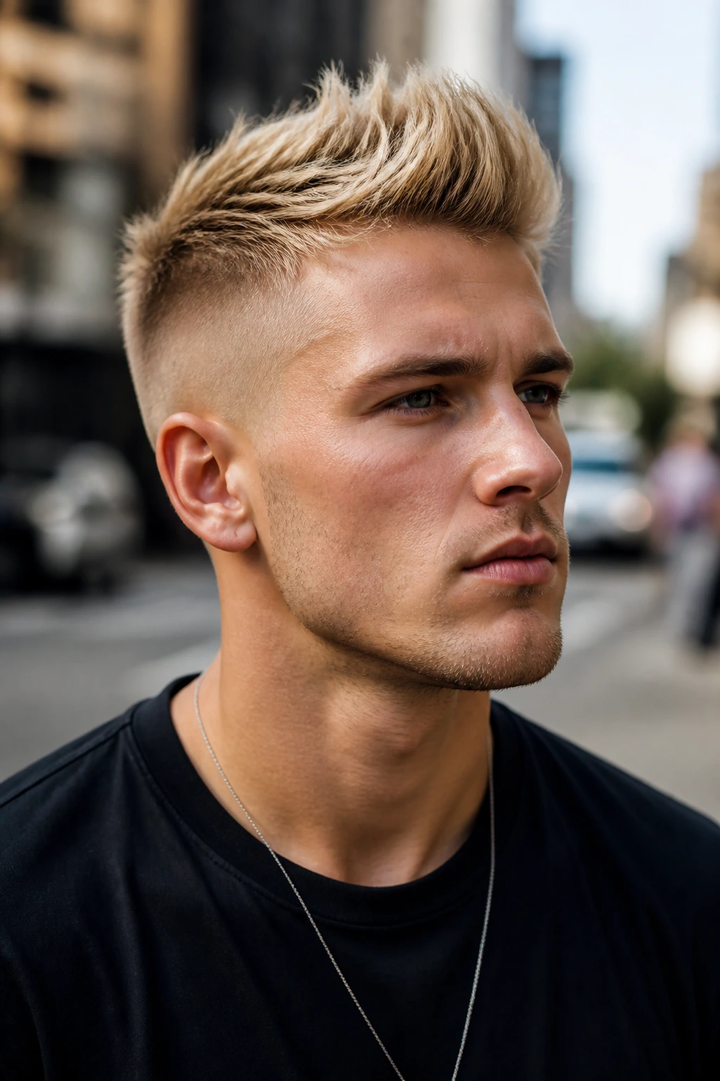 Close-up of a person with a blonde faux hawk fade.