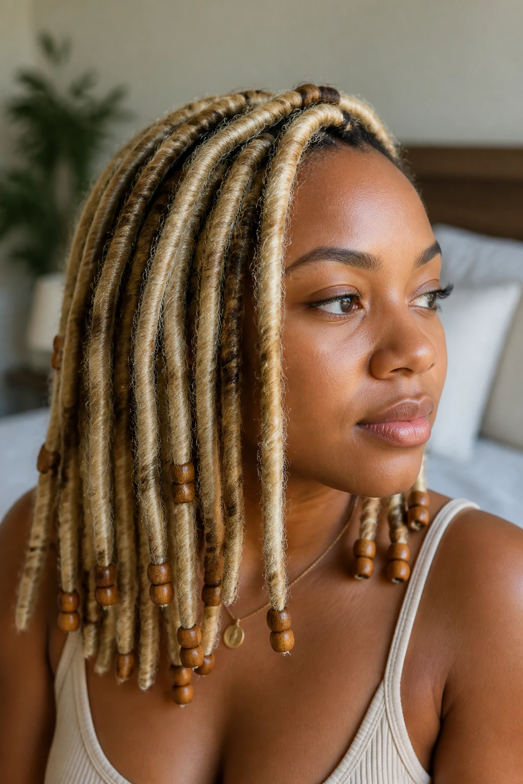 Close-up portrait of a real person with blonde faux locs and wooden beads.