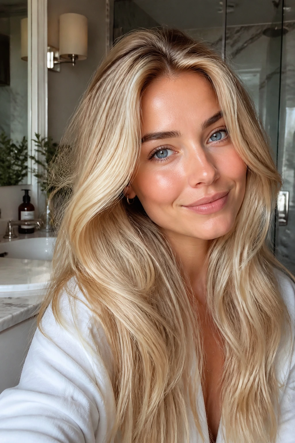 Glossy blonde close-up portrait under warm bathroom lighting