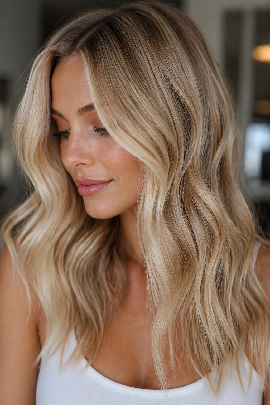 Close-up portrait of a real woman with glossy blonde hair and subtle beige toner at mid-lengths.