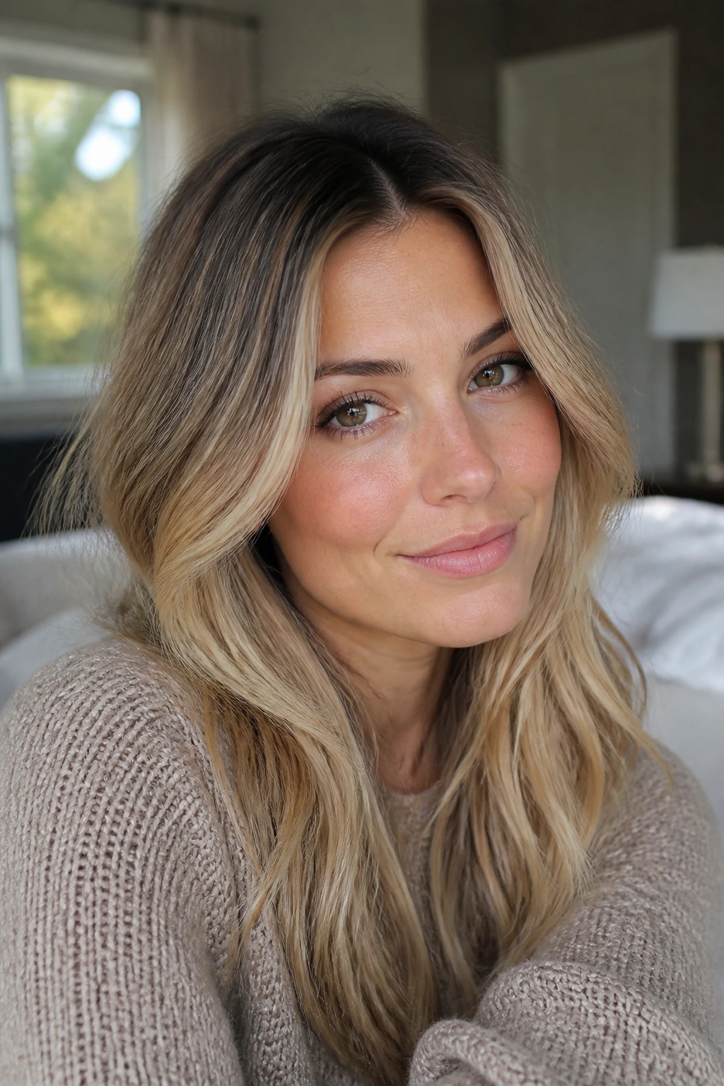 Close-up of a real woman with soft-rooted blonde balayage and seamless grow-out melt