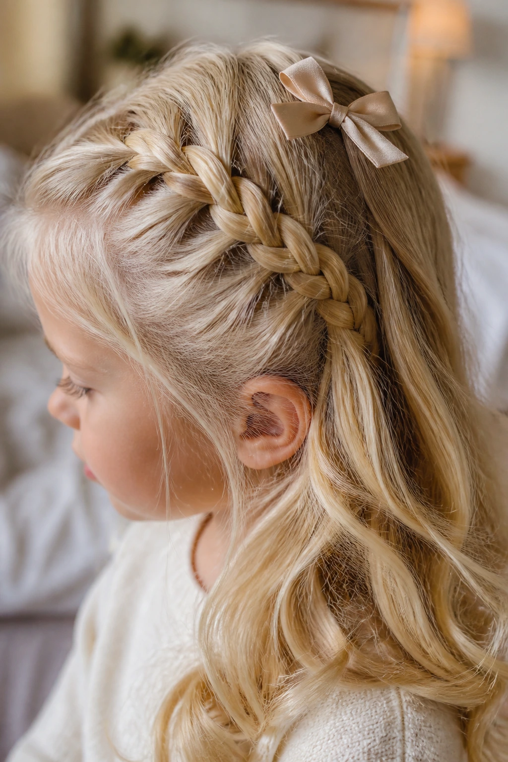 Close-up of a real young girl's blonde hair with a braid, bow, and loose waves in warm natural light