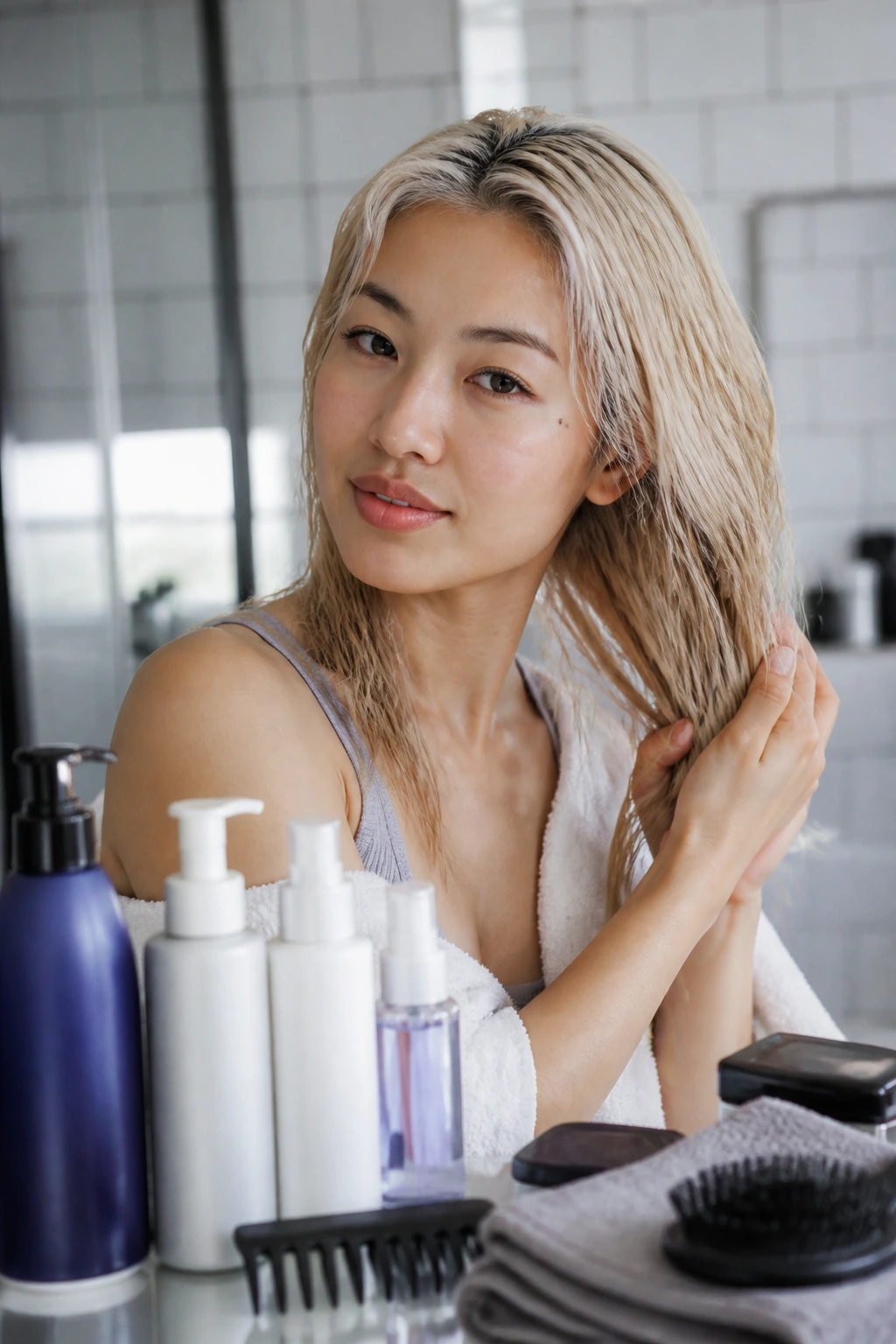 Close-up of a real woman with blonde hair in a bathroom with hair care bottles nearby.