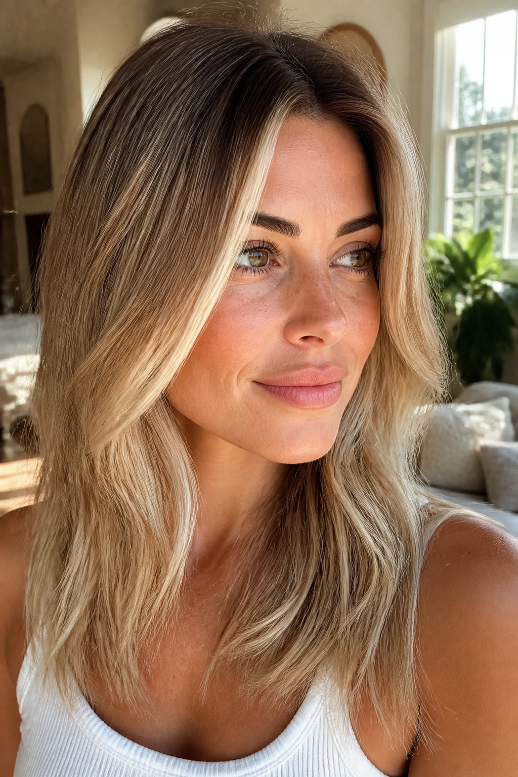 Close-up portrait of a real woman with dimensional blonde hair and natural window light