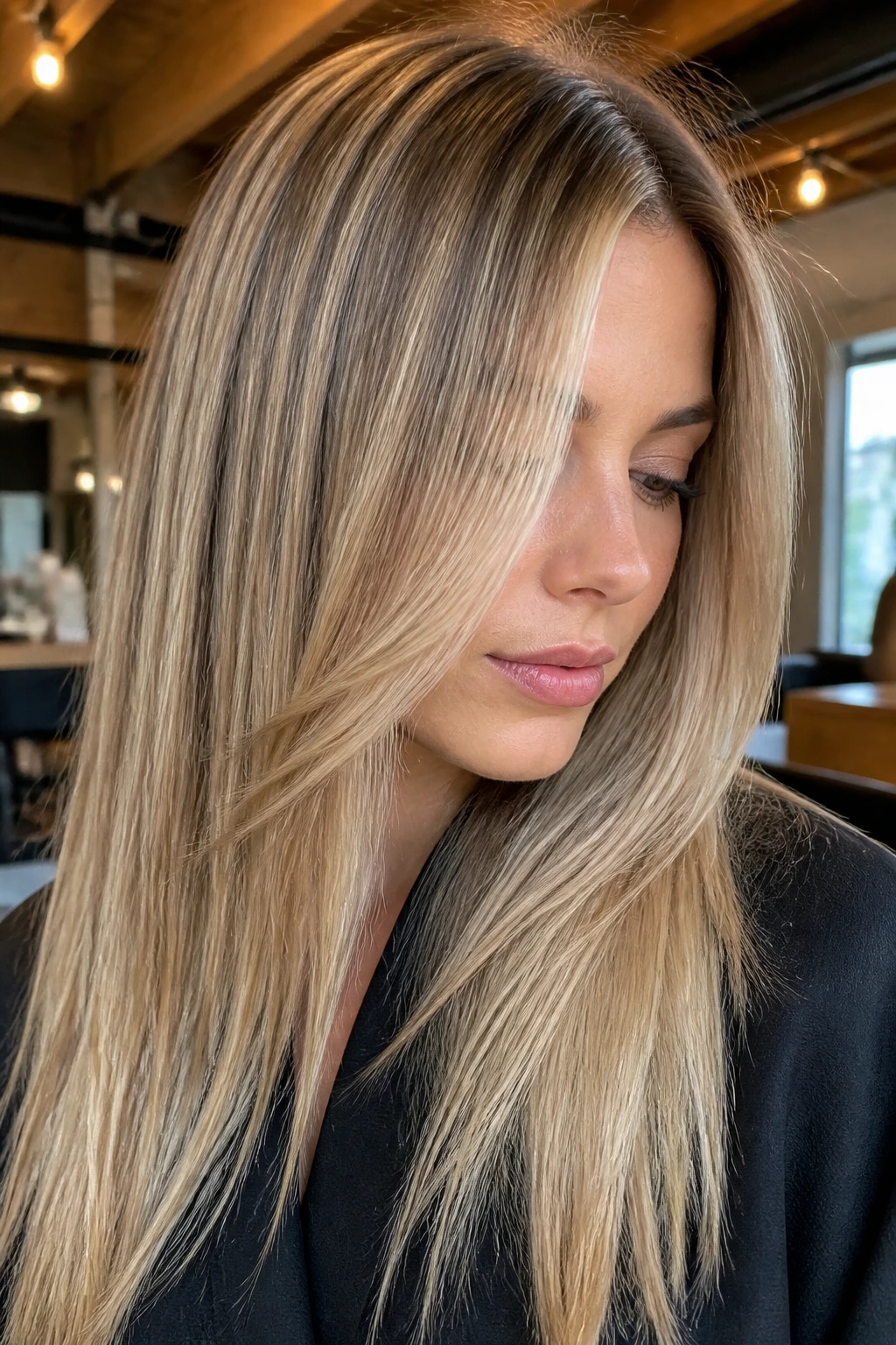Close-up of multi-tone blonde hair with root melt on a real woman