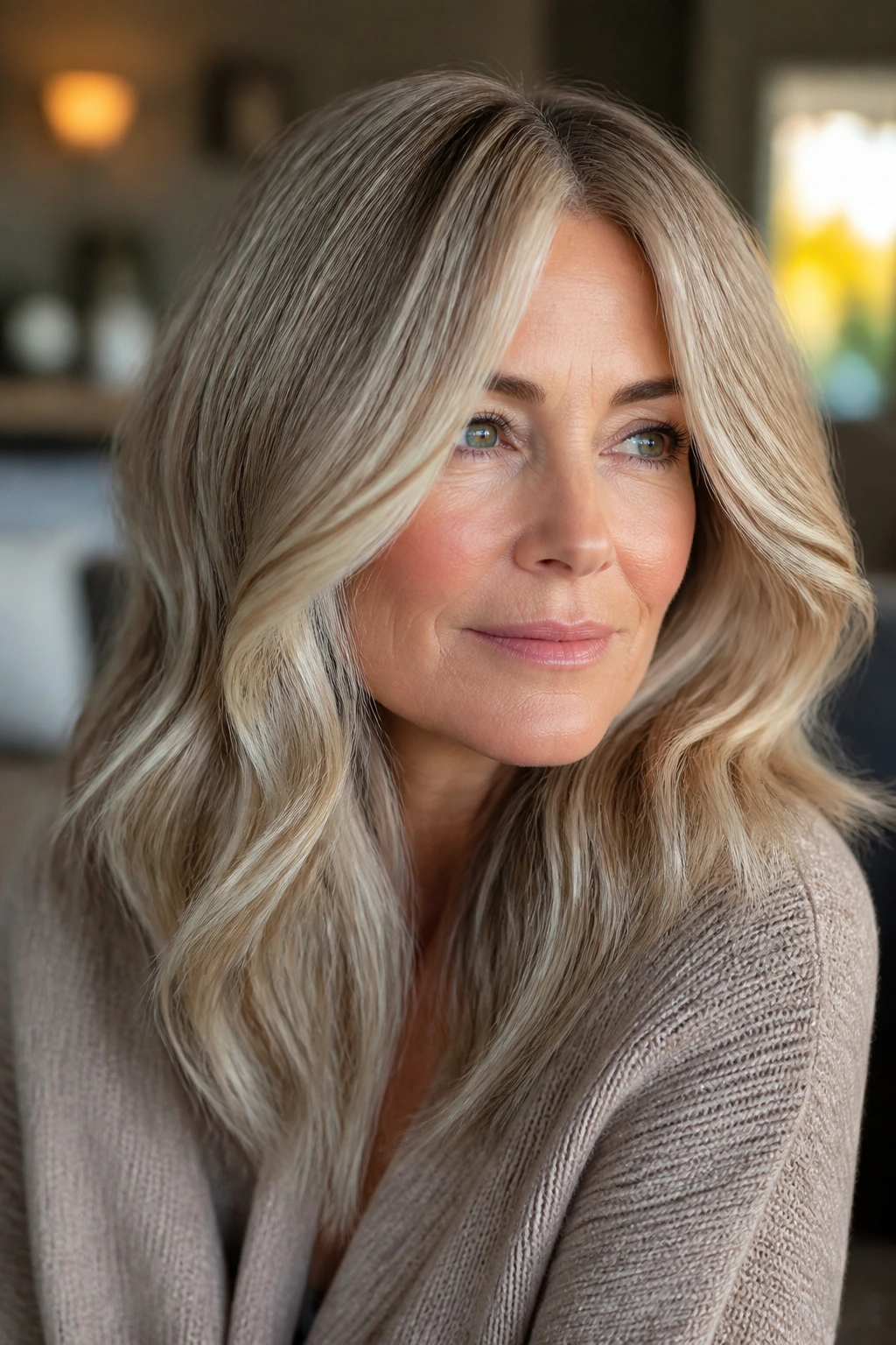 Close-up portrait of a woman with dimensional blonde hair featuring soft roots and beige-pearlescent tones.