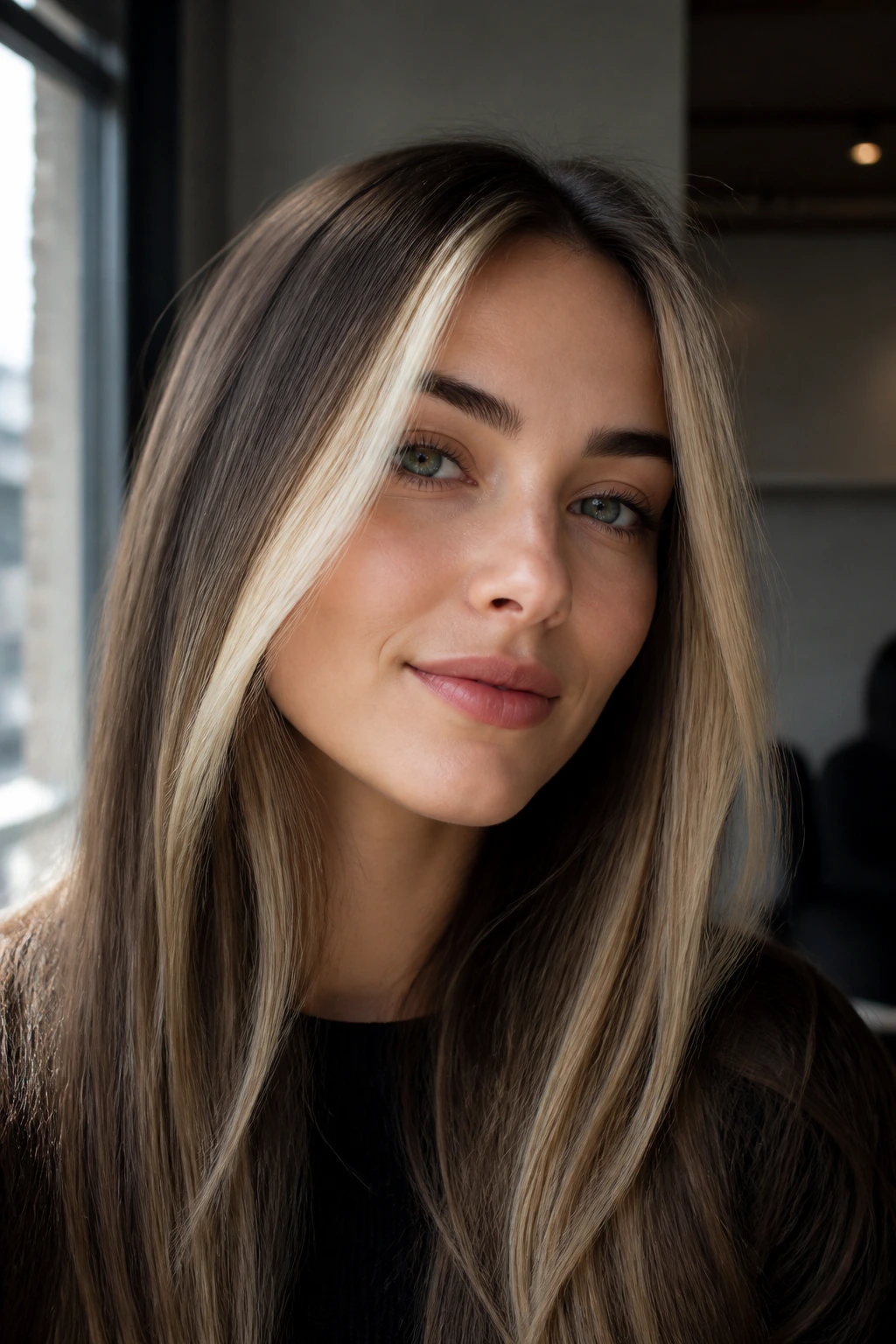 Close-up of a real woman with a pale blonde face frame and darker rest of hair.