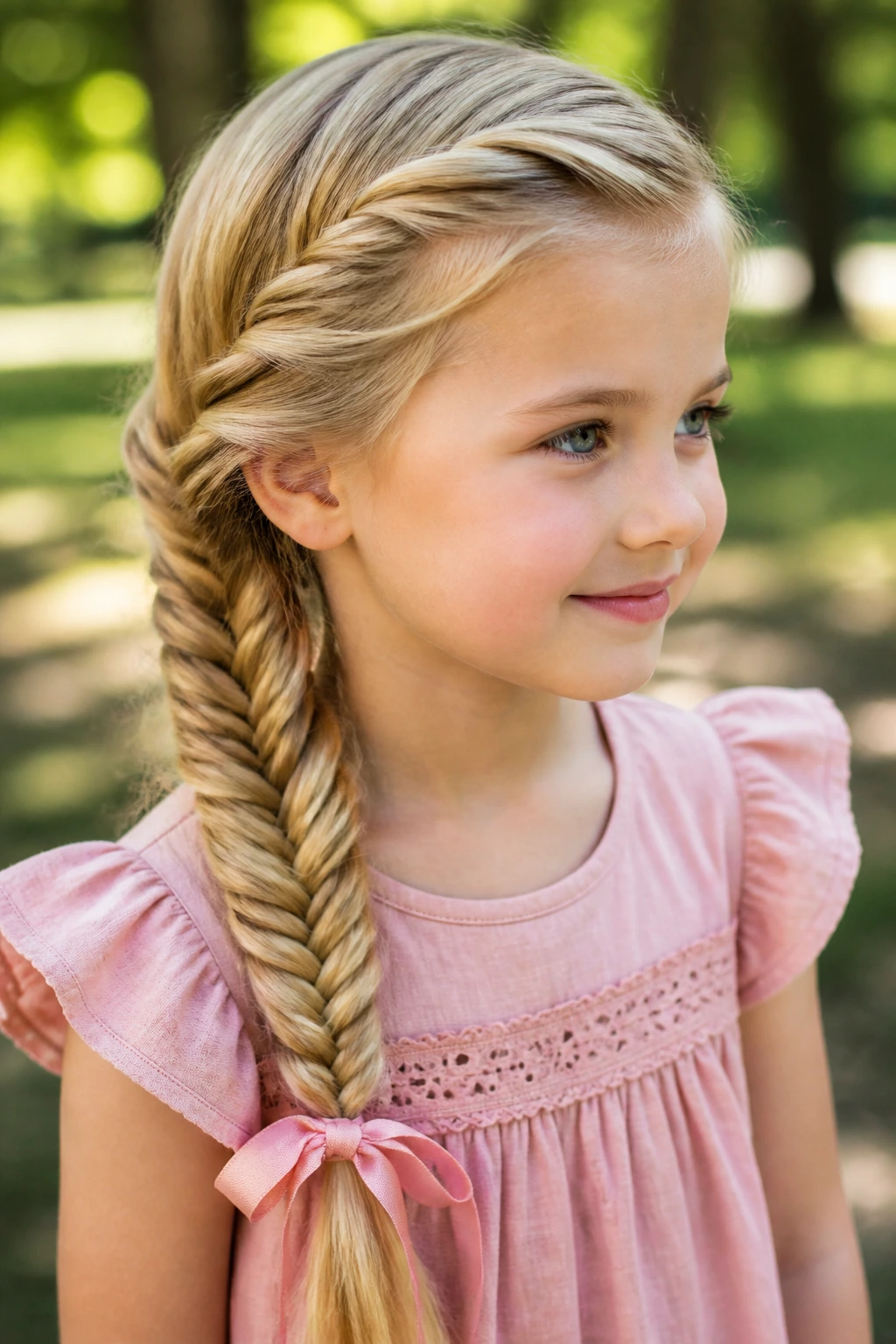 Close-up of a girl with a side fishtail braid in an outdoor park setting