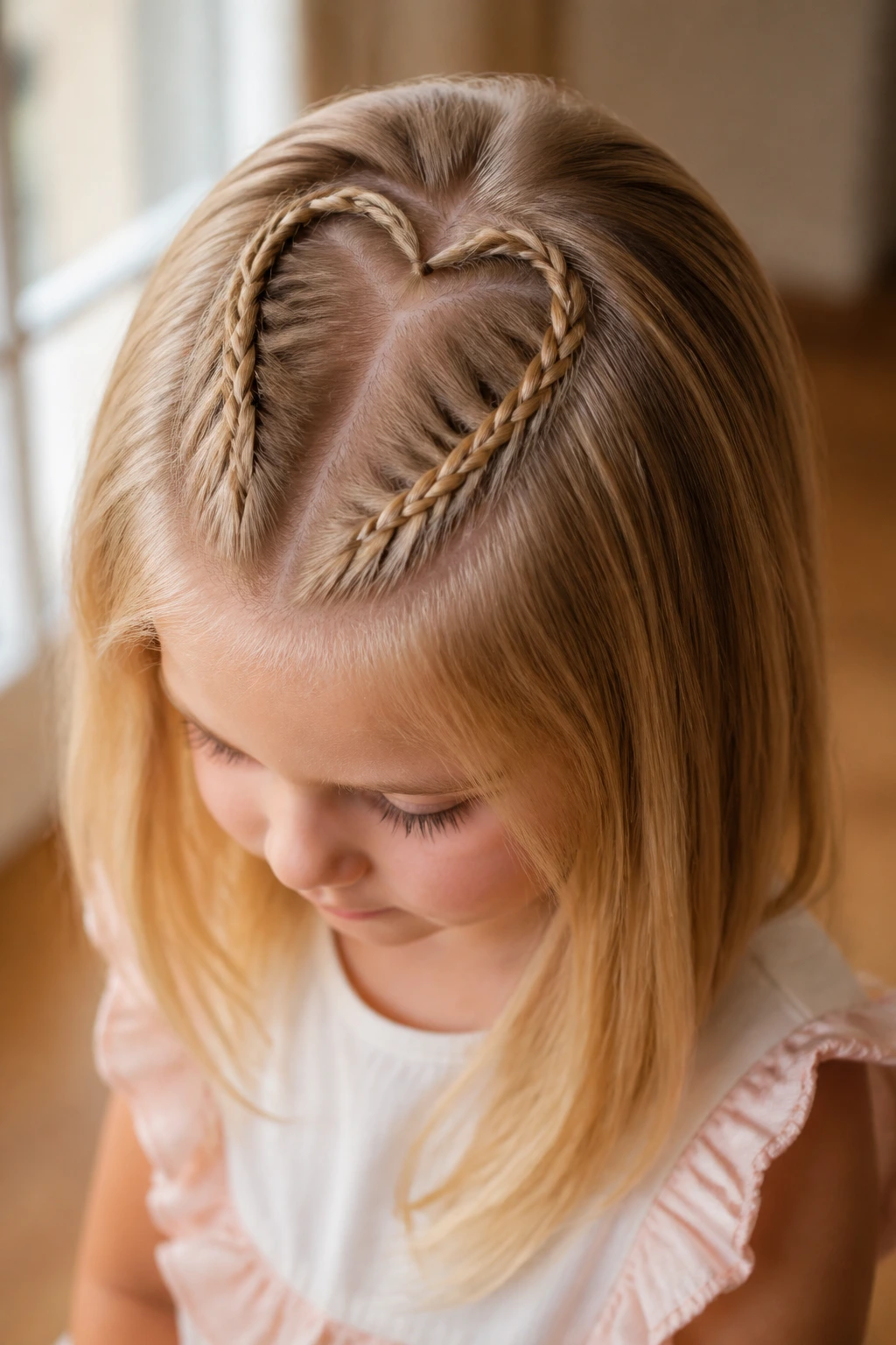 Close-up of a real girl with two small braids forming a heart motif in blonde hair