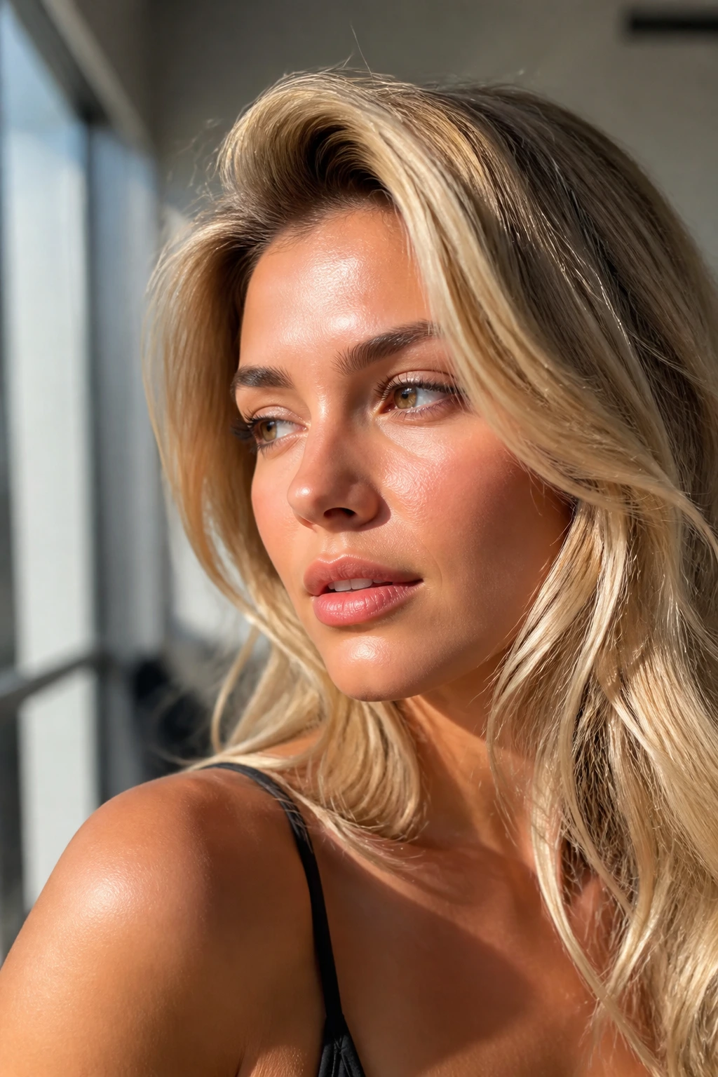 Close-up portrait of blonde hair with soft bend and root lift in natural light
