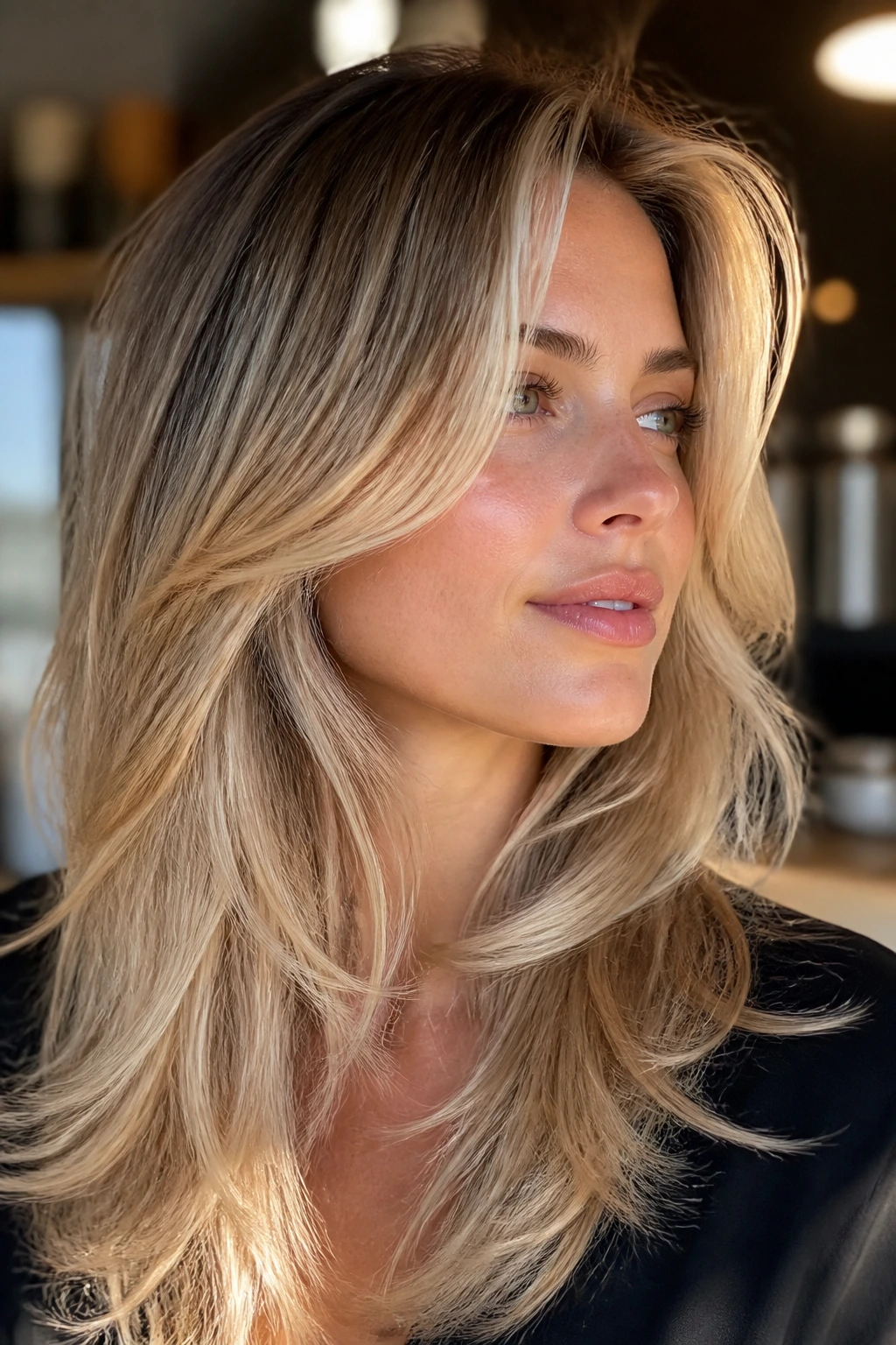 Close-up of blonde-haired woman with layered haircut highlighting cheekbones