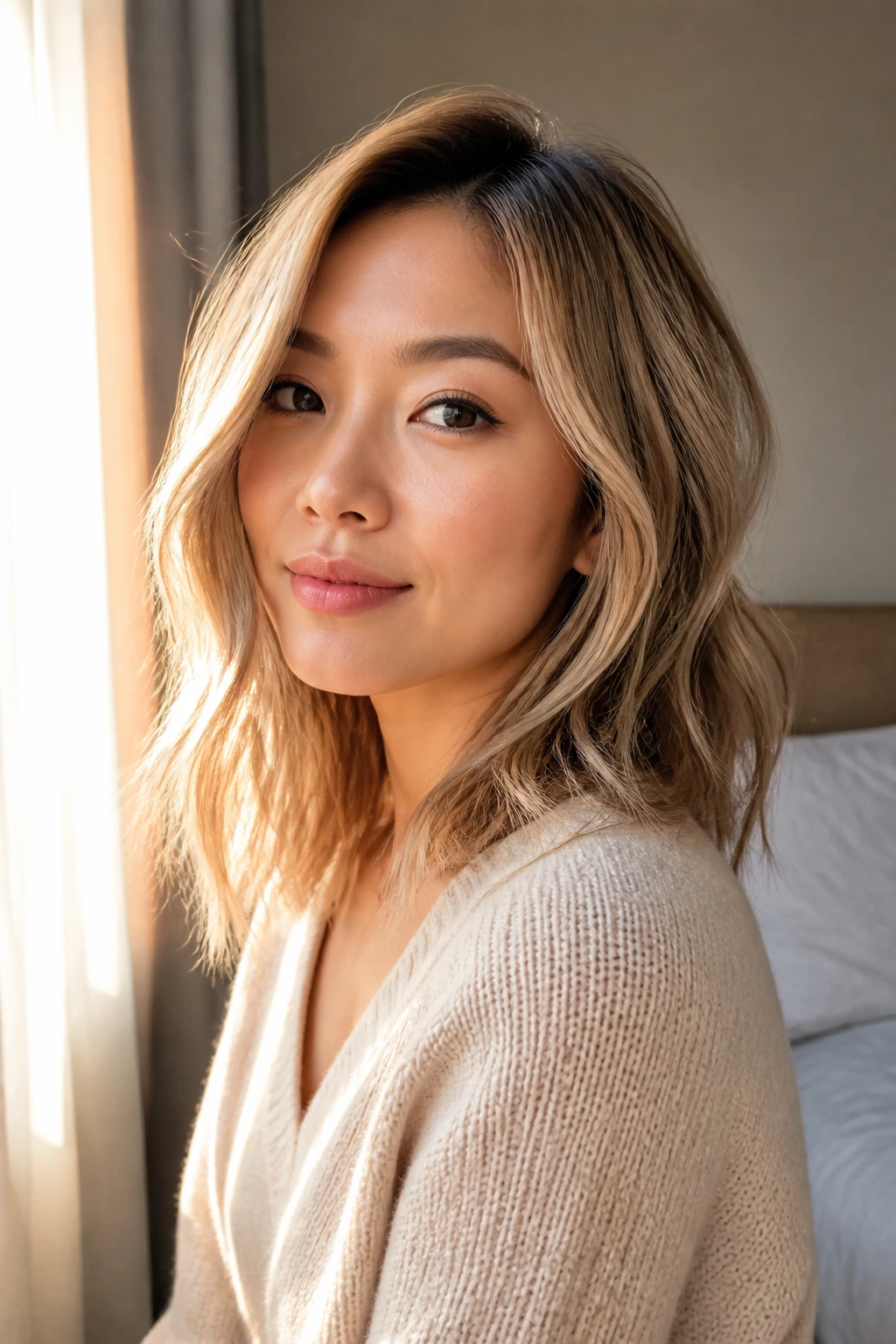 Close-up portrait of a real woman with blonde hair in soft natural light