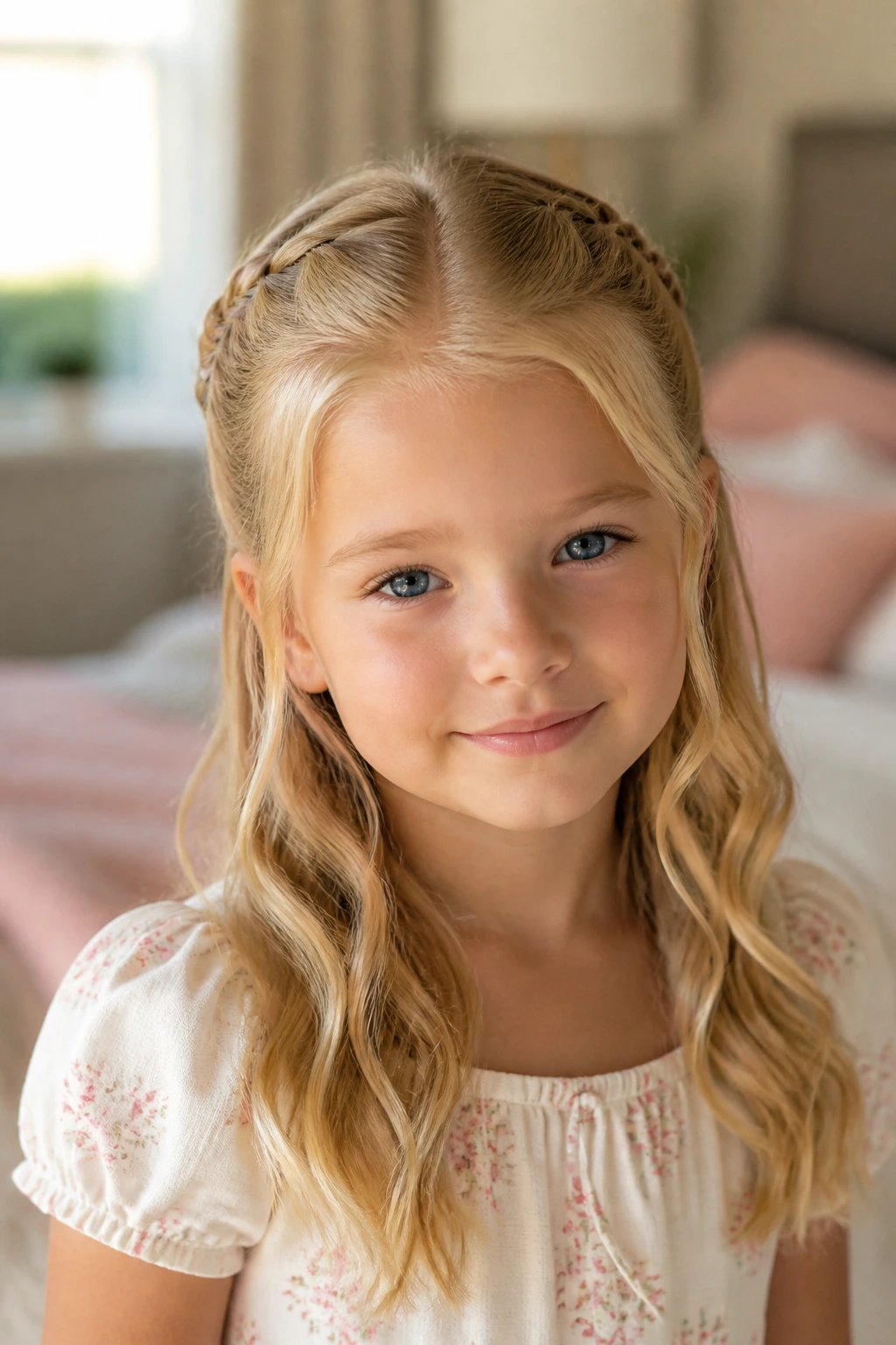 Close-up of a blonde-haired girl with a timeless hairstyle in natural light