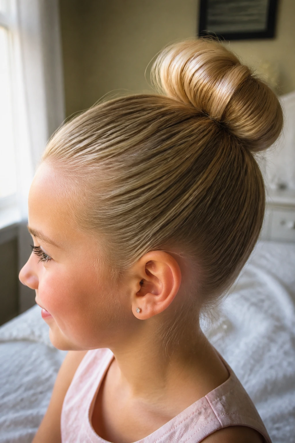 Close-up of a girl with a smooth, round sock bun in blonde hair