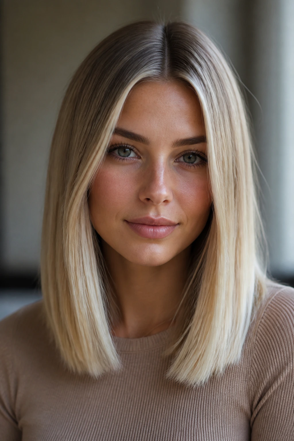 Close-up of a real woman with shoulder-length straight blonde hair and a center part in soft window light.