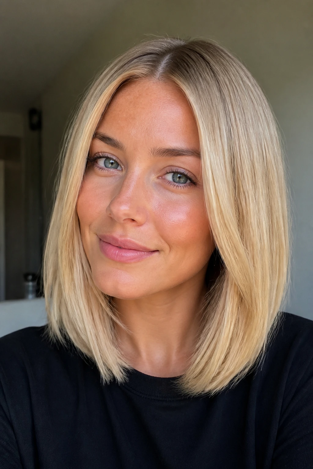 Portrait of a real woman with shoulder-length blonde hair styled straight and middle-parted