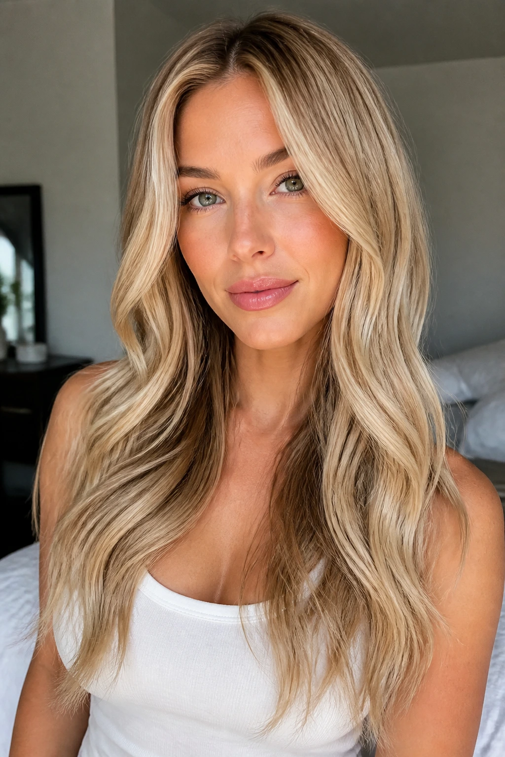 Real woman with long blonde hair styled in loose waves and center part, showing how to wear long blonde color.