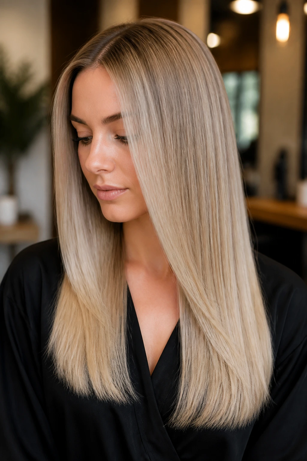 Portrait of a woman with glossy beige-blonde hair and even tone in a salon.
