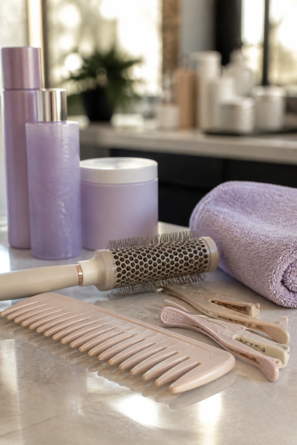 Still life of essential blonde hair tools on a salon counter