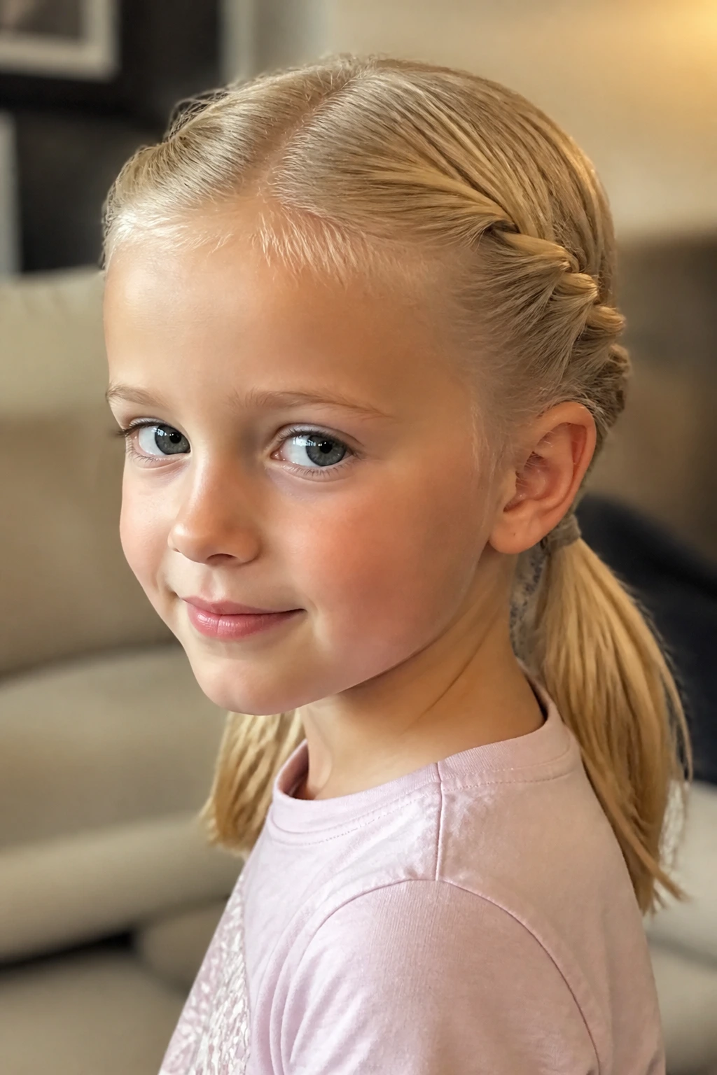Close-up of a girl with two twist-style low ponytails on blonde hair