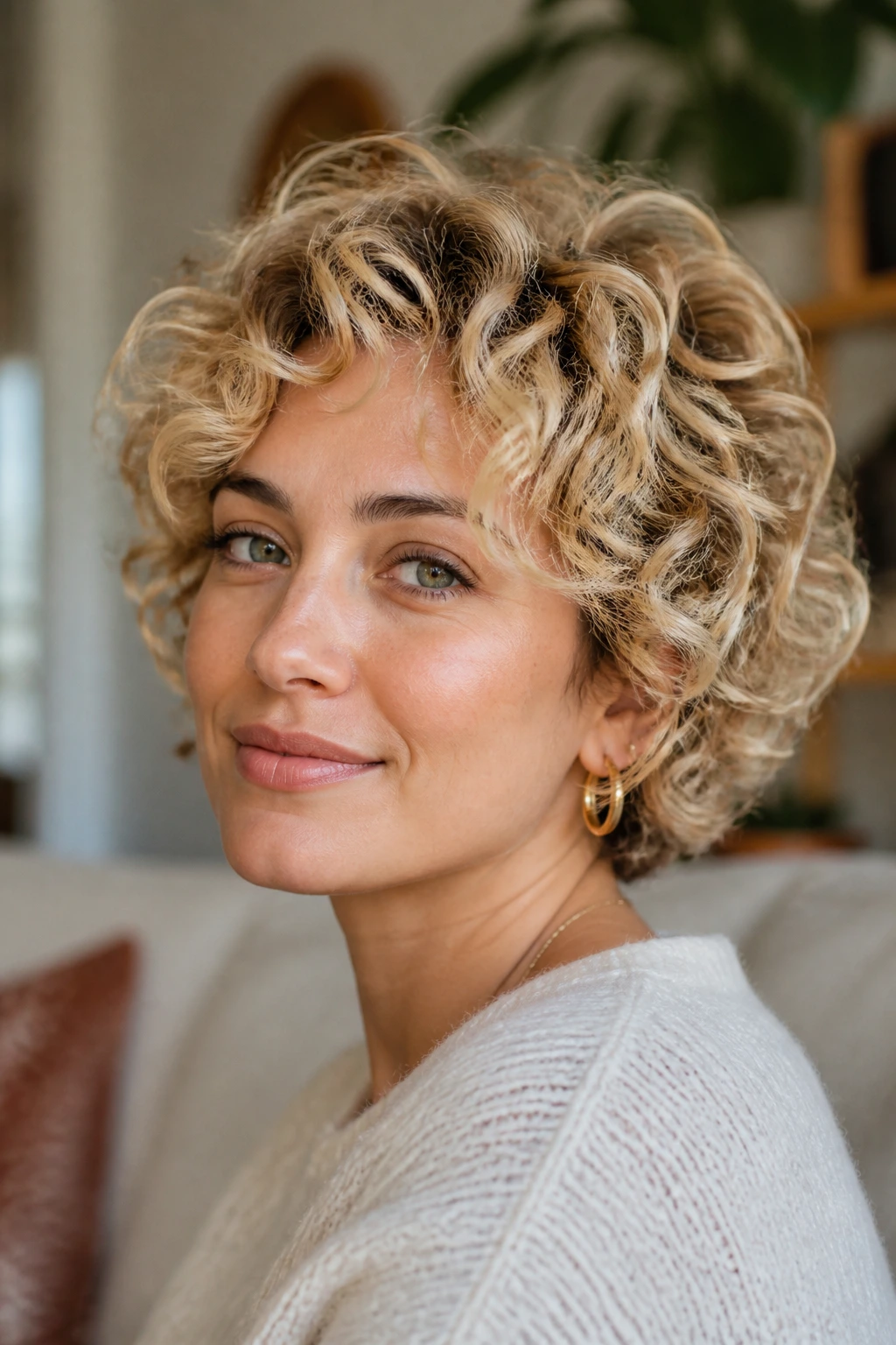 Close-up portrait of a woman with short blonde curly hair in a cozy living room