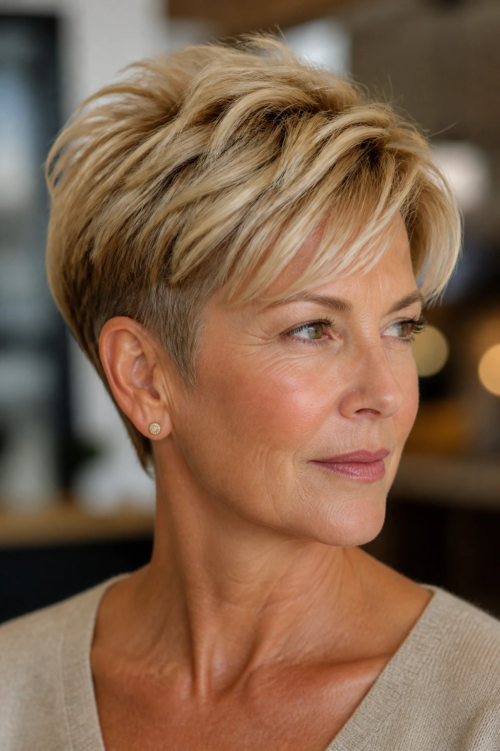 Close-up portrait of a real person with a short structured blonde haircut showing lift and perimeter shape