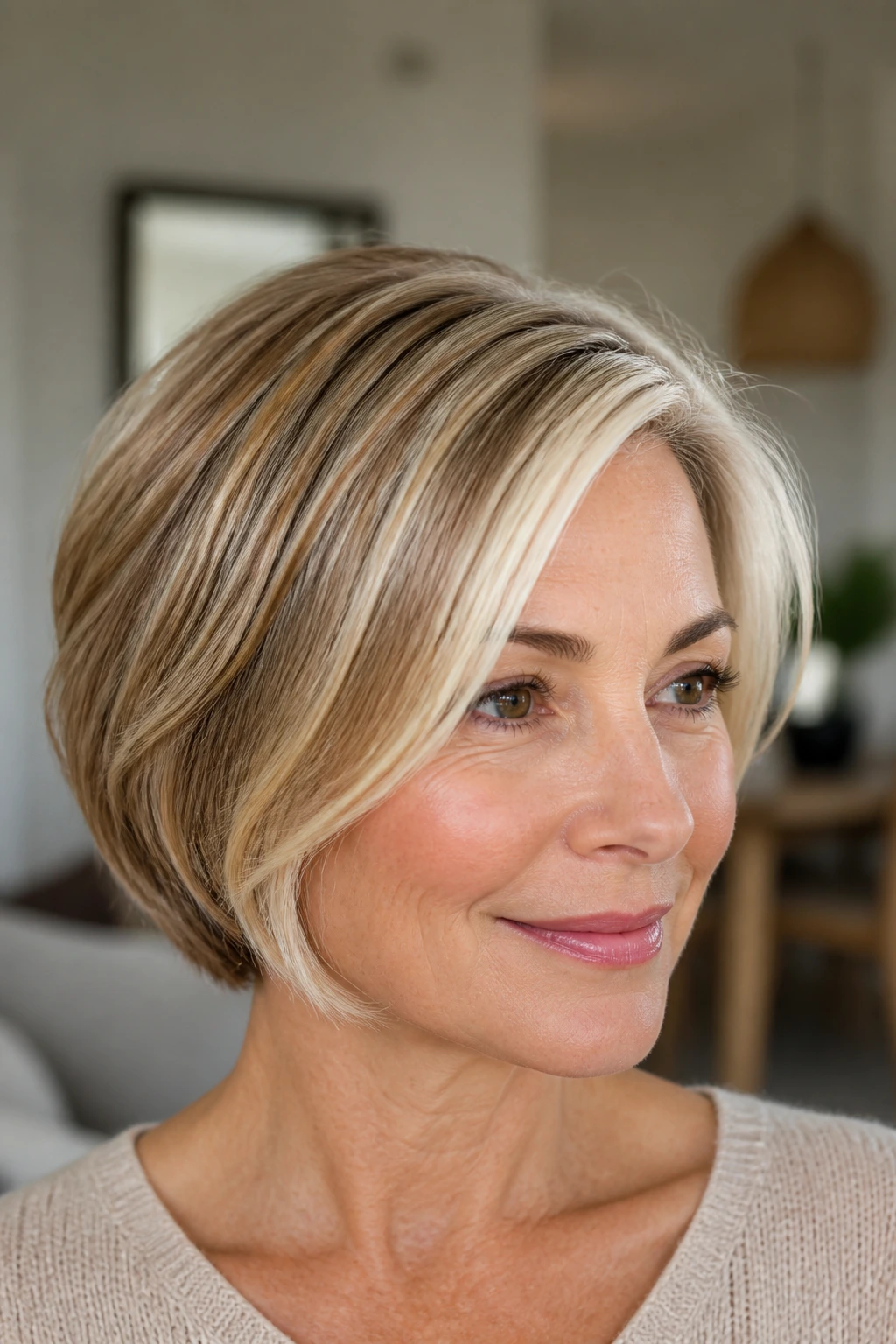 Close-up portrait of short-haired woman with blended highlights avoiding stripes.