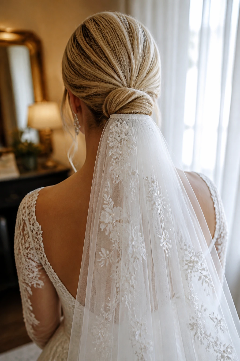 Back of head real bride wearing a bridal blonde knot with a statement veil.