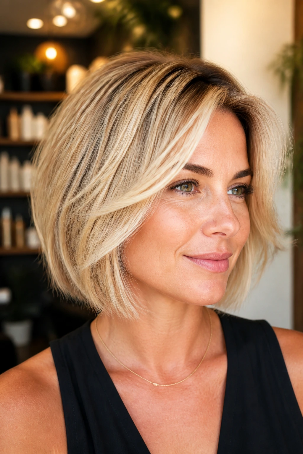 Close-up portrait of a real woman with blonde layered bob in a salon.