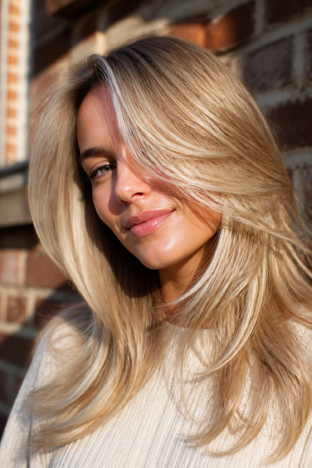 Portrait of a real woman with layered blonde hair catching light and creating movement