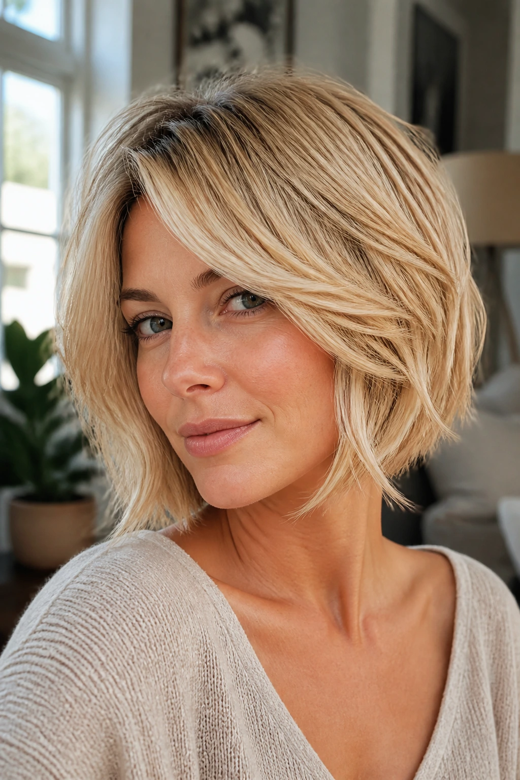 Portrait showing blonde layers framing the face on a real person