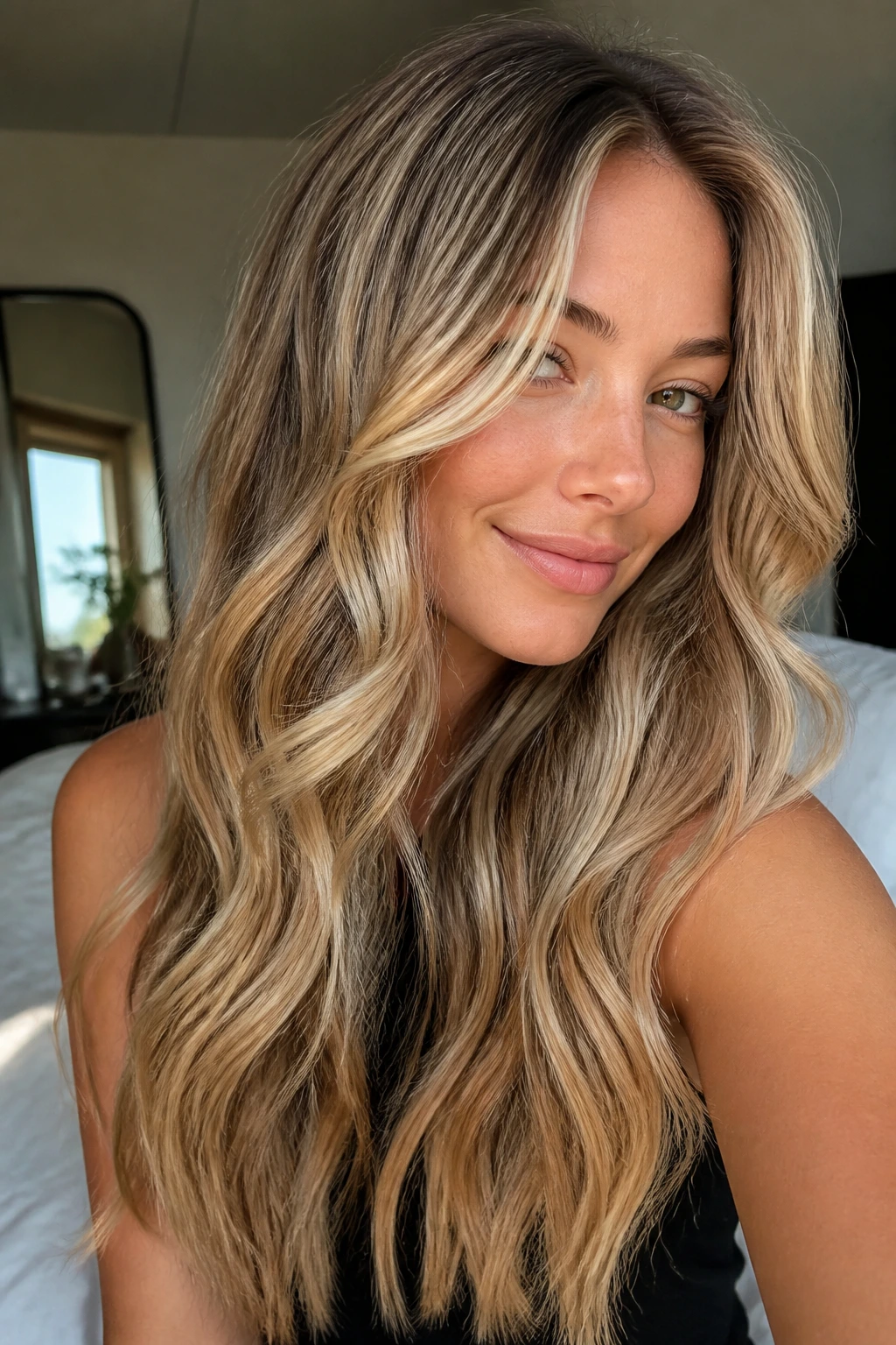 Close-up of long, wavy blonde hair with dimensional color and subtle root shadow