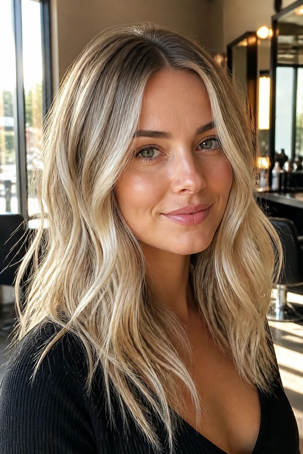 Close-up portrait of a real woman with soft beige blonde hair and subtle root shadow