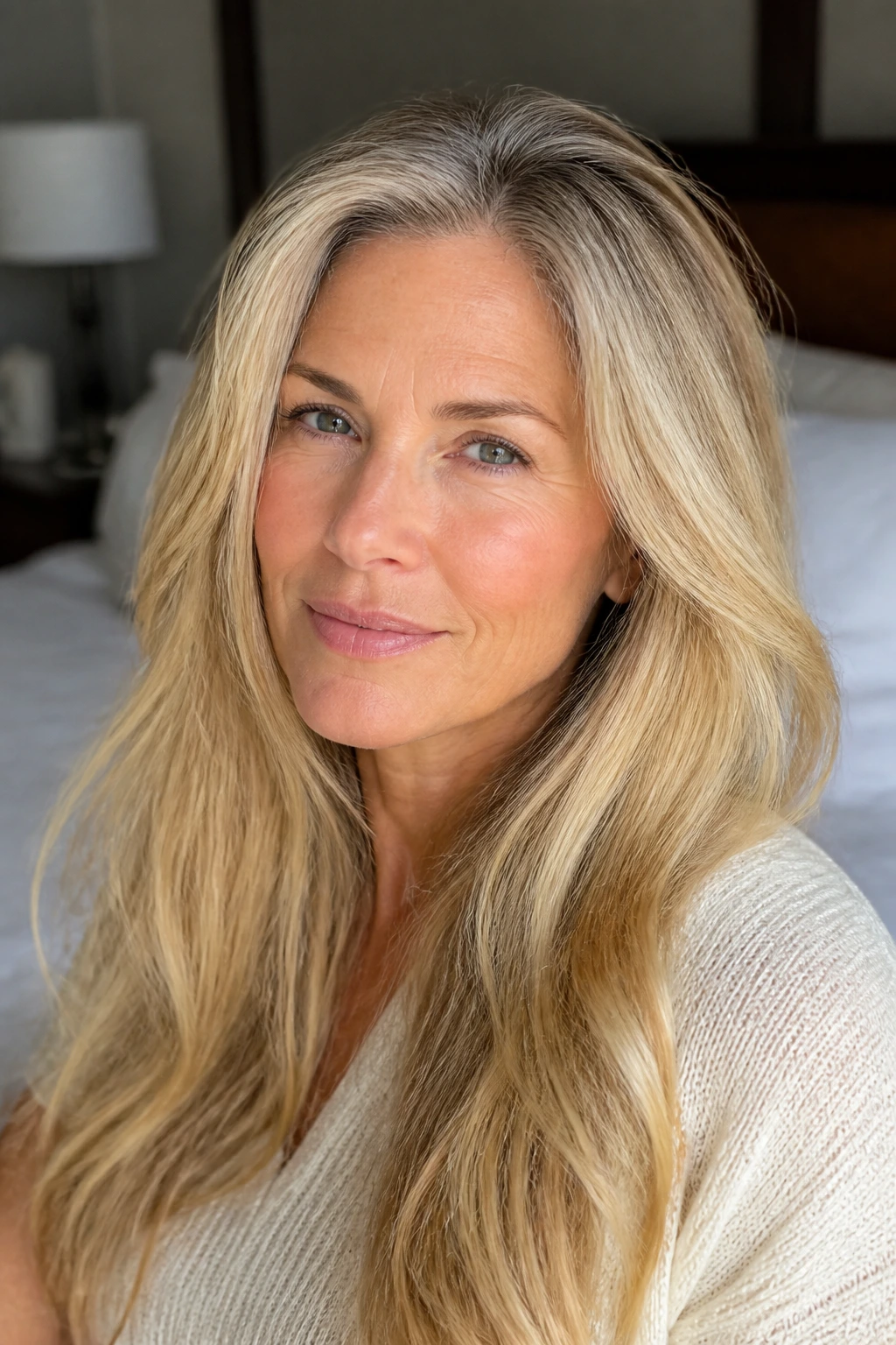 Close-up portrait of a real woman with long blonde hair showing gray blending at the temples in natural window light