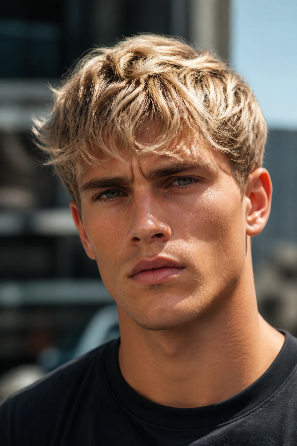 Close-up portrait of a real man with blonde hair showing versatile looks through cut and texture