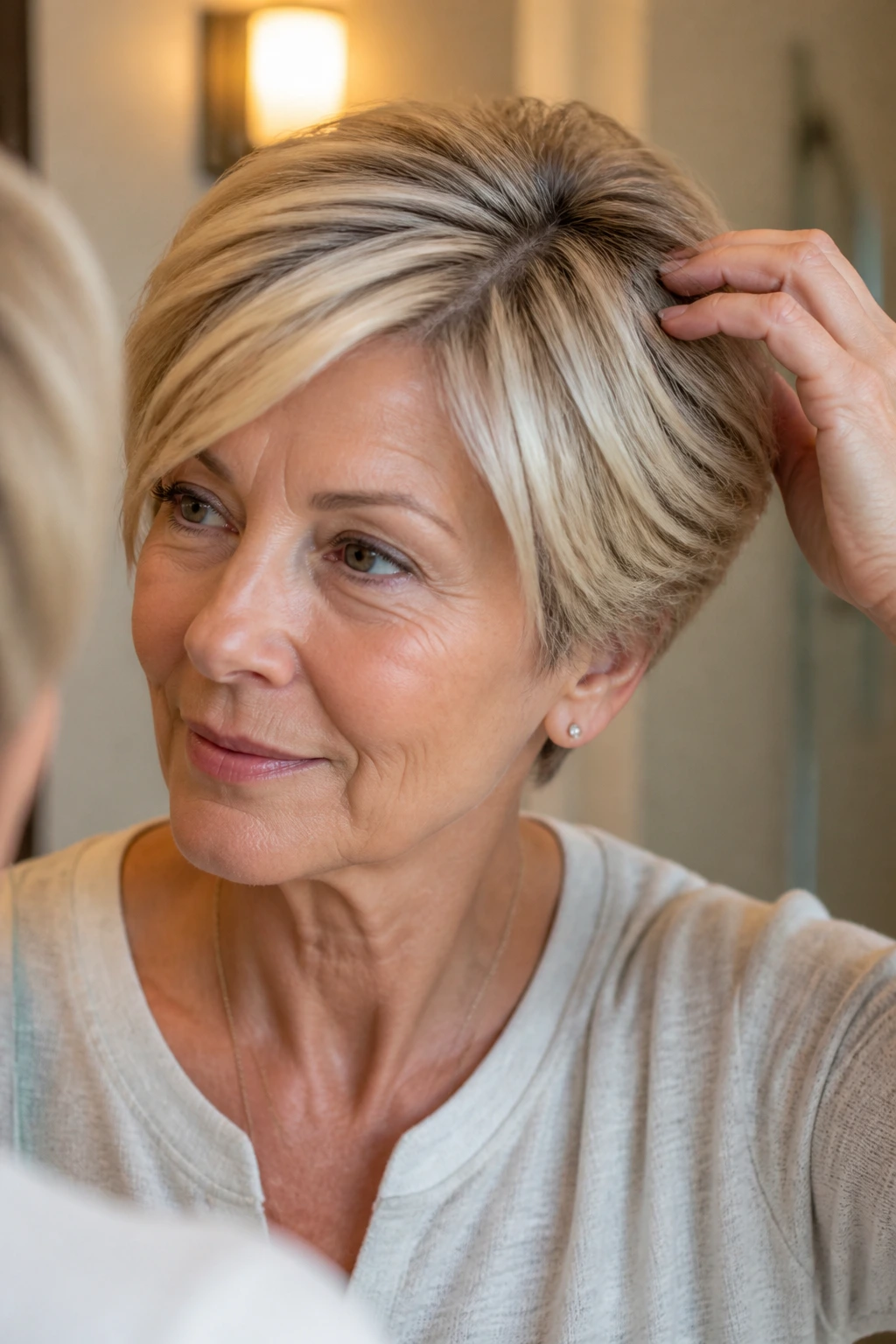 Portrait of short blonde hair with soft root shadow and toned ends.