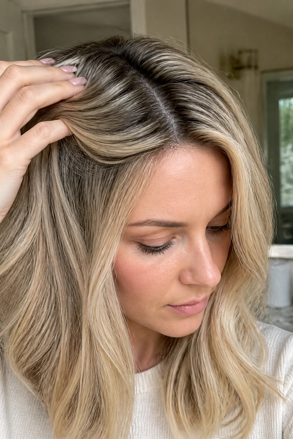 Portrait of a real woman showing blonde root regrowth and toned ends.