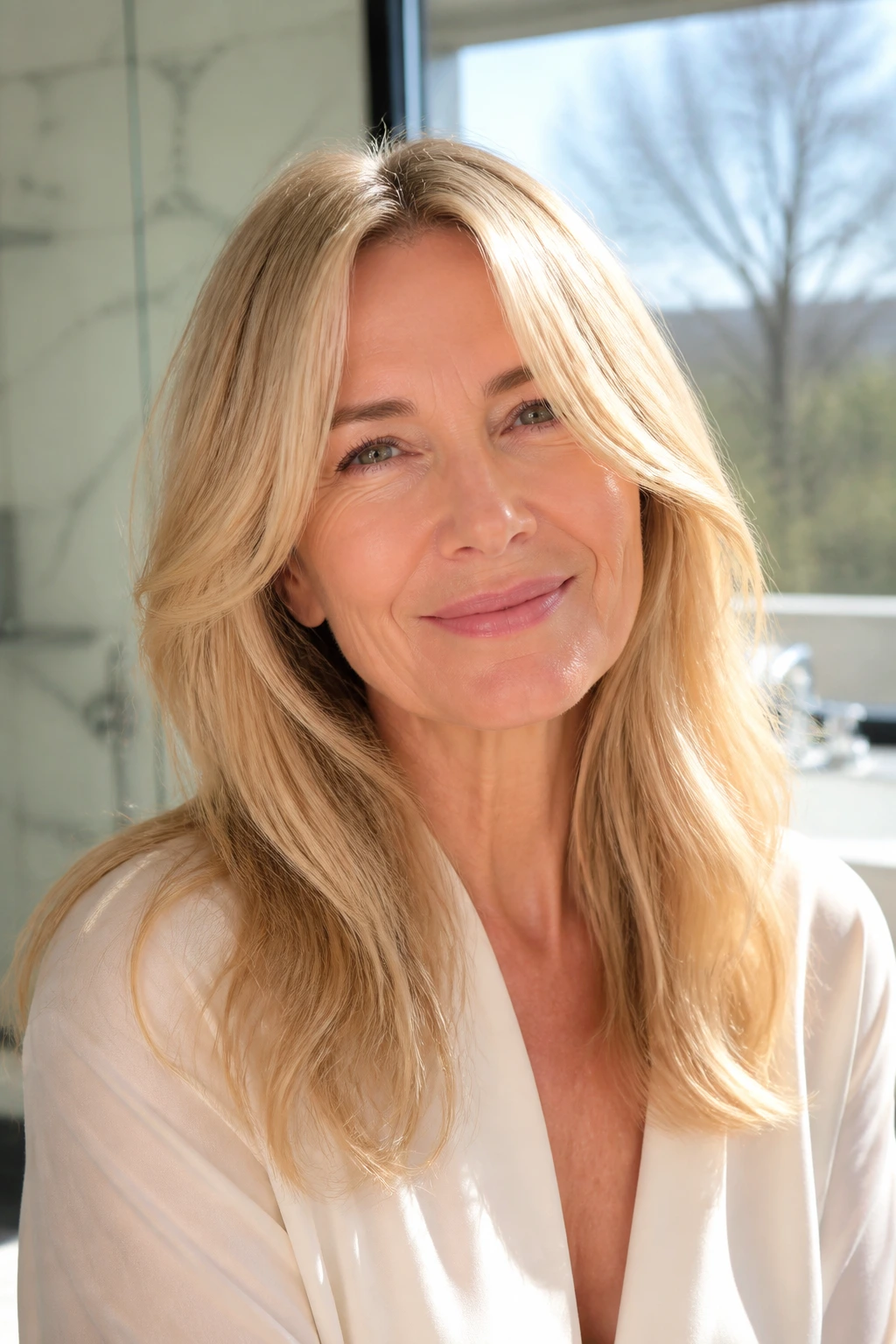 Portrait of a mature woman with glossy blonde hair and soft shine