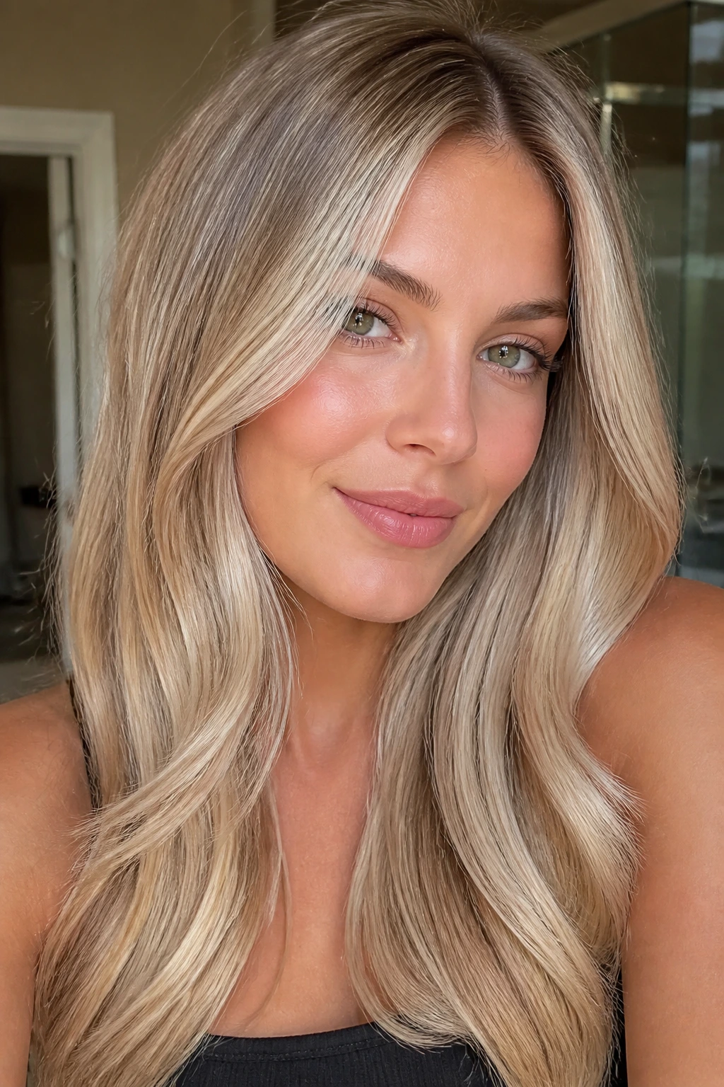 Close-up portrait of a real woman with even-toned blonde hair and healthy ends.