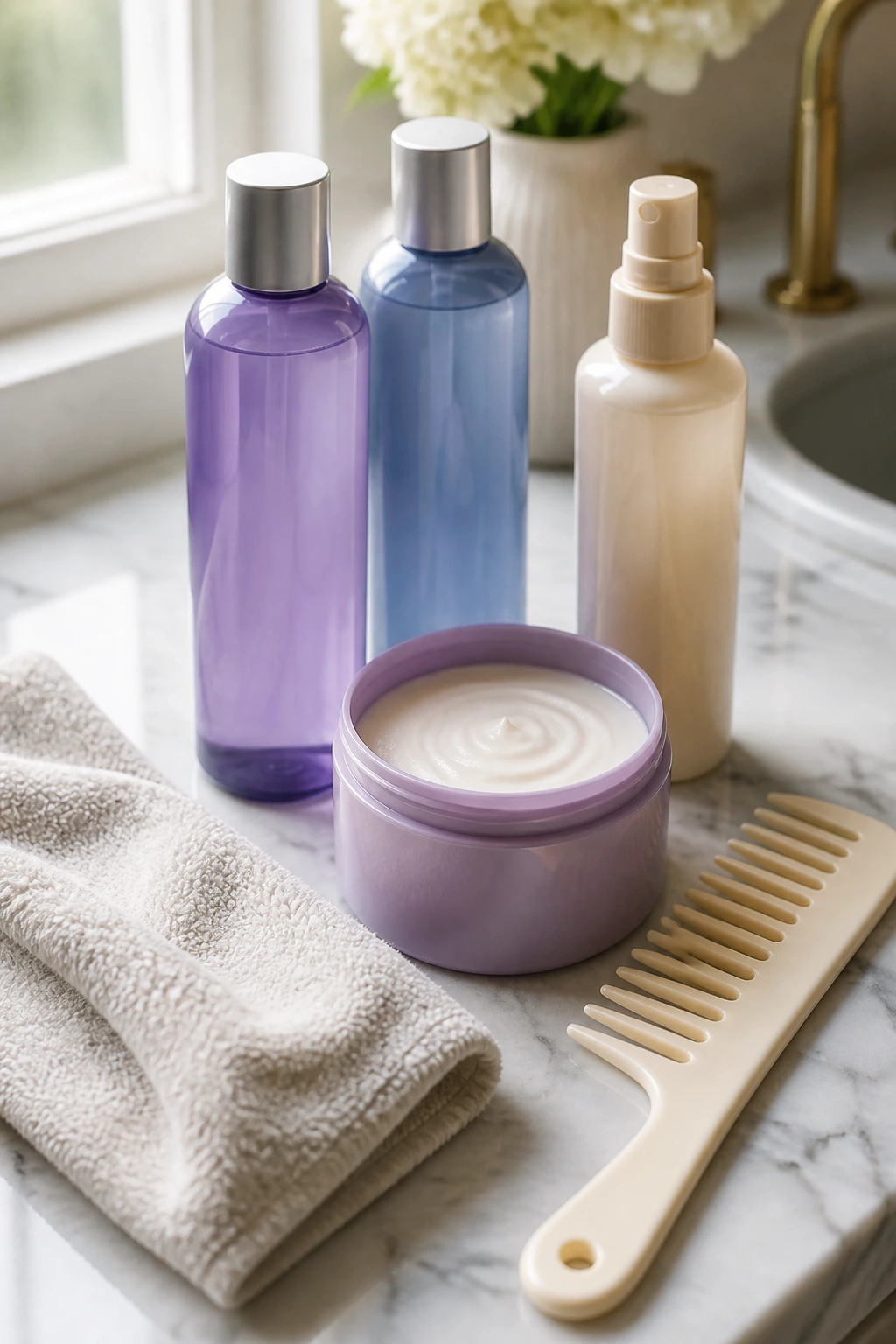 Close-up still life of unlabeled blonde hair care bottles and tools on a marble counter.