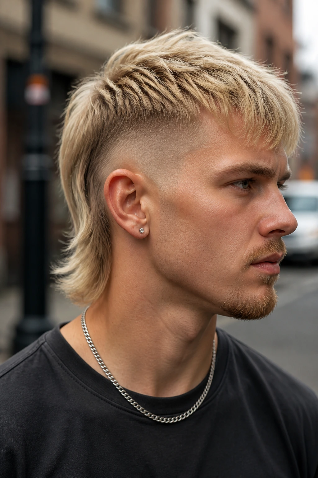 Close-up of a real man with a blonde mullet and fade on the urban street