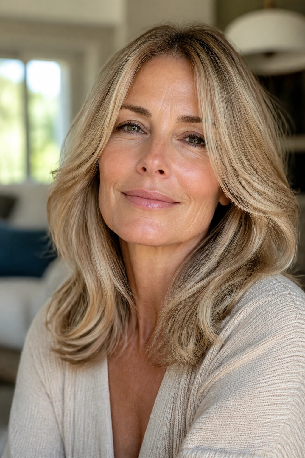 Close-up portrait of a real woman in her 50s with soft beige-blonde waves in a sunlit room