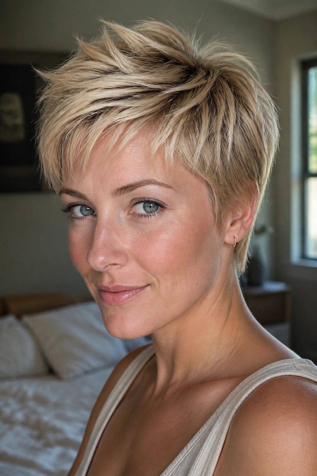 Close-up of a woman with a blonde pixie cut showing crown tone and feathered texture.