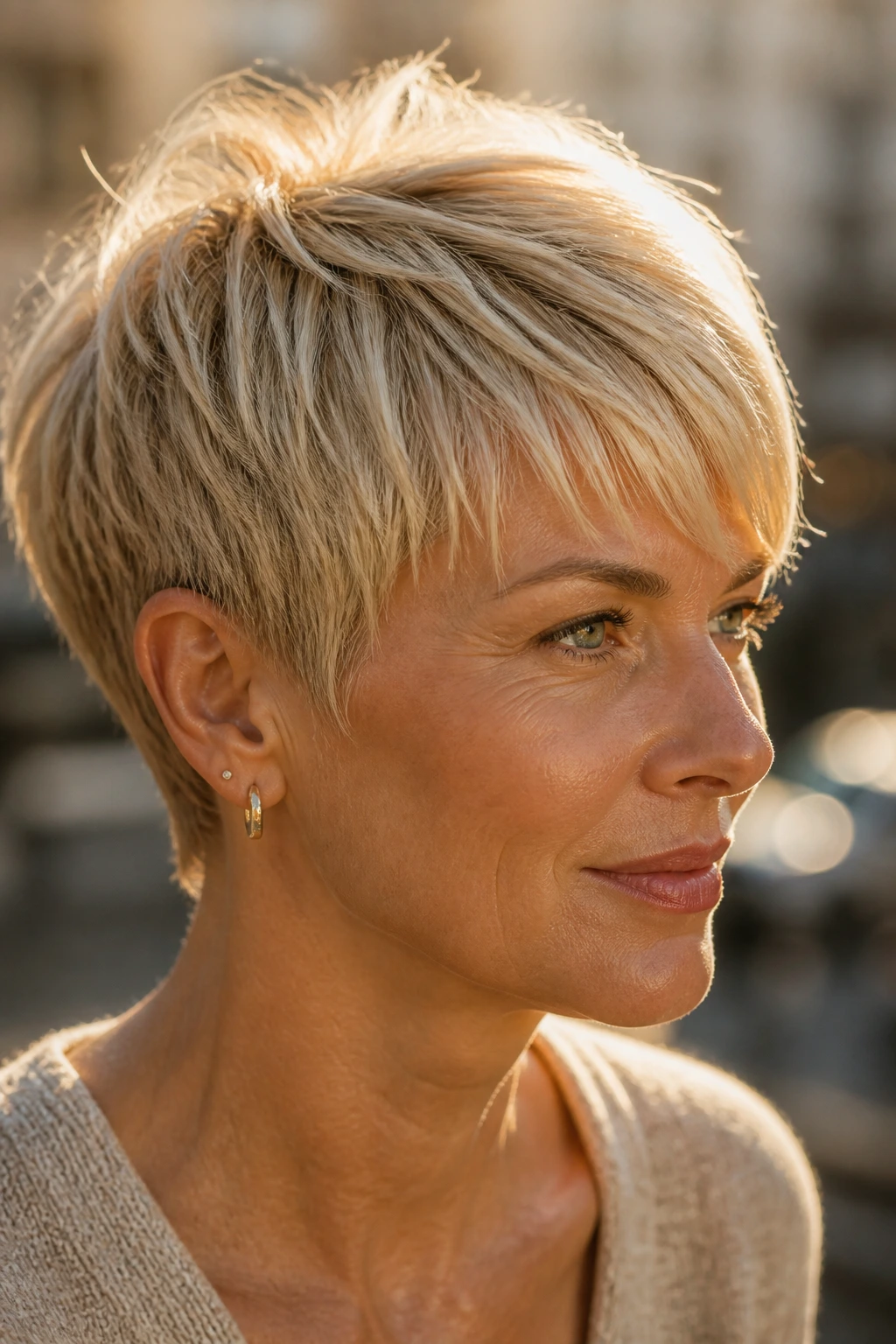 Close-up of a real woman with a blonde pixie catching sunlight on the crown