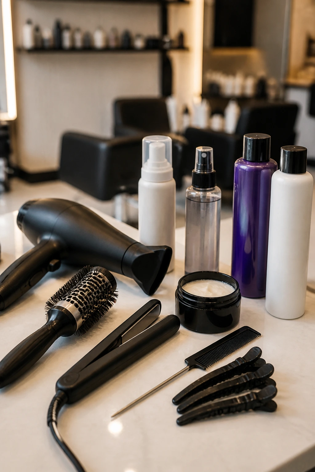 Close-up of professional hair styling tools for blonde pixie in a salon