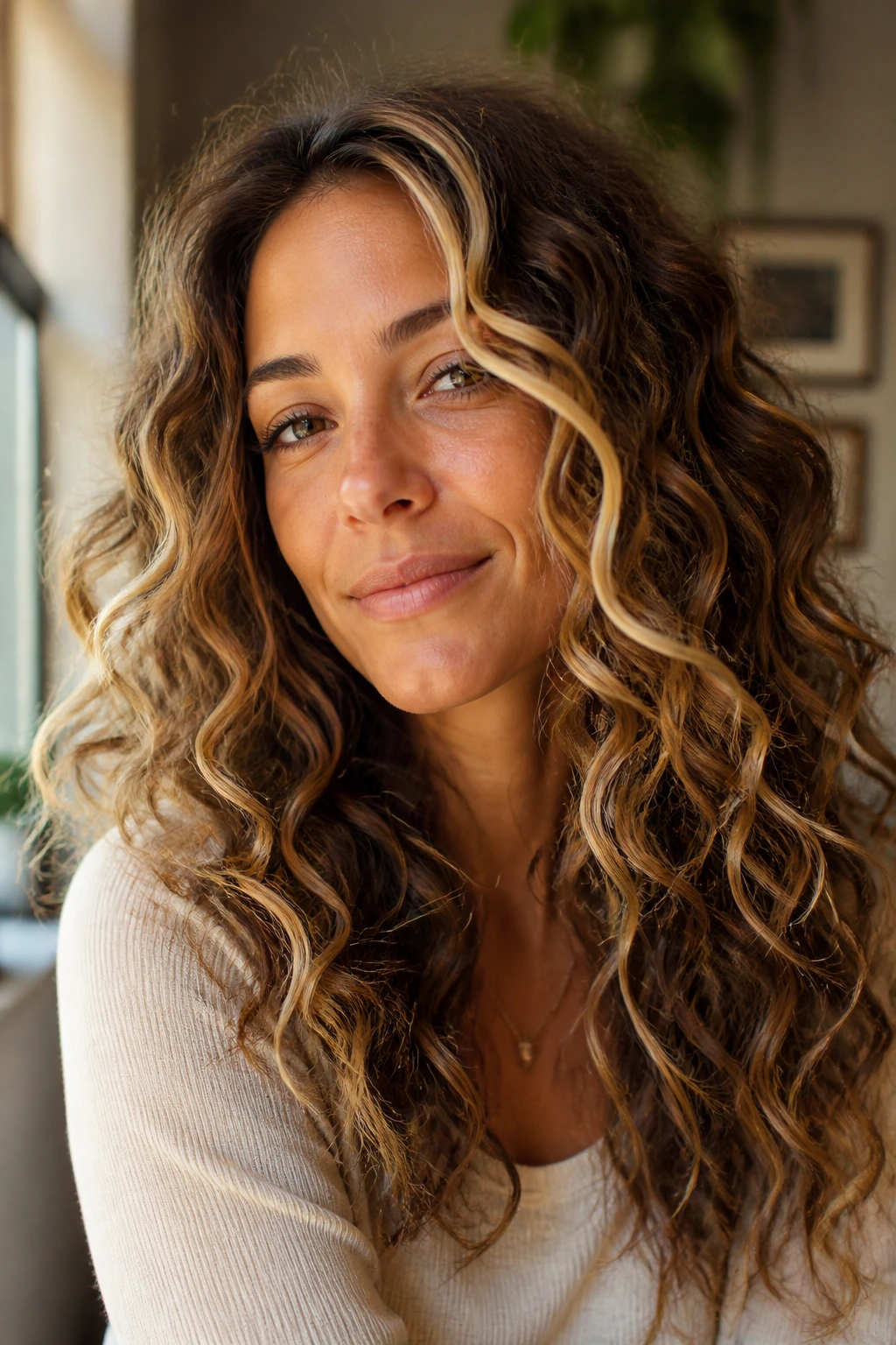 Close-up of real woman with blonde placement ribbons around face on curly hair