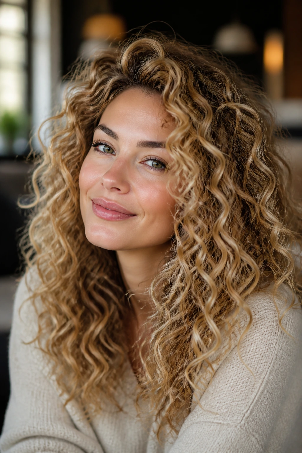 Close-up of curly hair with strategically placed highlights following curl patterns