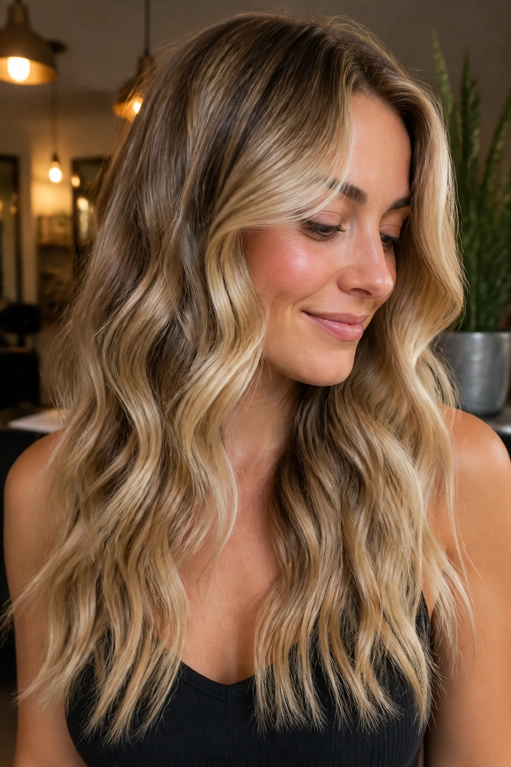 Portrait showing dimensional blonde placement on wavy hair